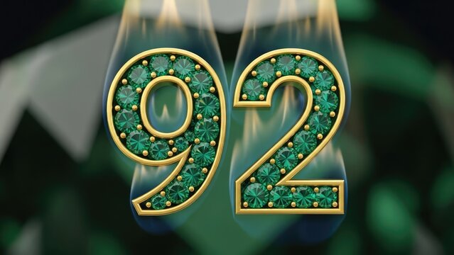 Jeweled "92" numbers on a green gemstone background with illuminating glow