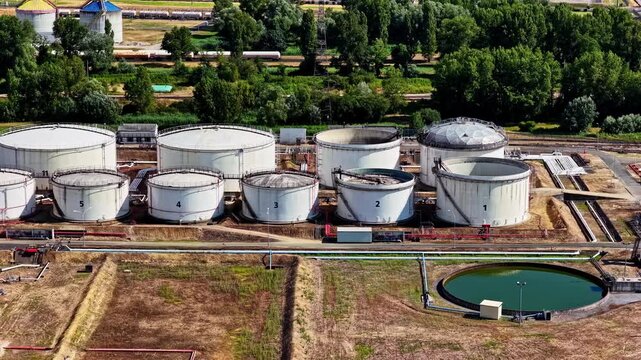 Aerial view reveals rows of numbered oil storage tanks and water pond at industrial facility in Port of Bordeaux