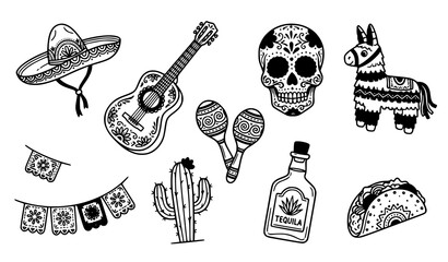 Obraz premium Mexico cultural festival icons thin line vector collection with mariachi sombrero hat guitar sugar skull and piñata for fiesta party design