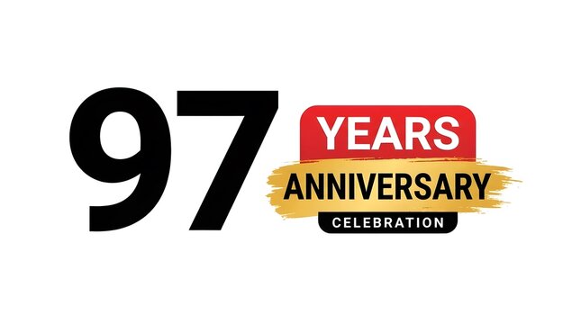 Ninety seven years anniversary celebration logo design with red and gold brush stroke element on white background