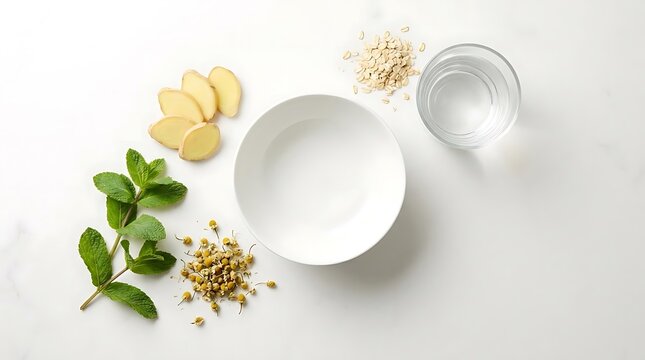 A flat lay view of natural ingredients including ginger, mint, chamomile, and oats arranged around a bowl for soothing remedies for digestive issues visuals