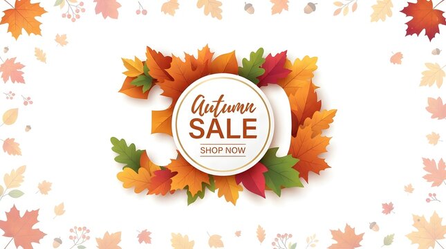 Autumn sale background with colorful fall leaves surrounding a circular frame on a white background