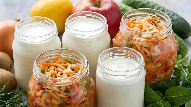 A selection of probiotic foods like yogurt and fermented vegetables to help manage common digestive issues visuals for a healthy balanced diet