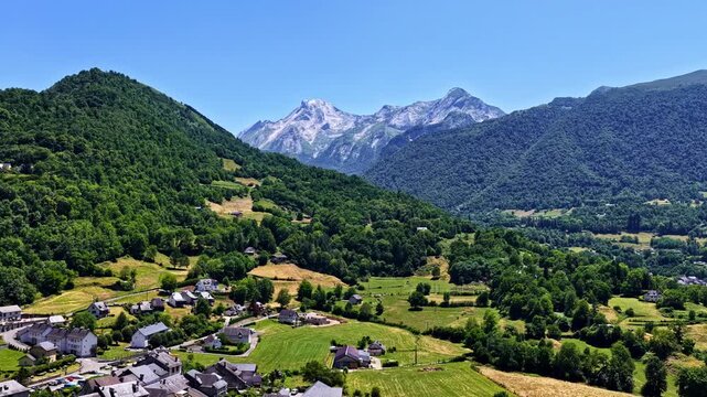 Aerial view of Col d'Aubisque valley with a mountain village in the French Pyrenees