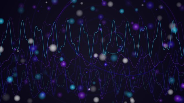 Abstract background, with blue sound, waves and glowing, bokeh circles