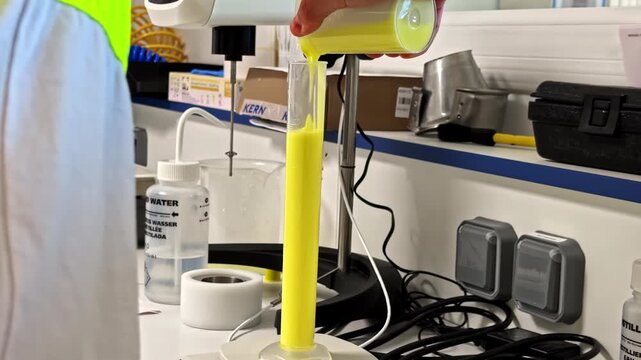 Lab technician pours yellow milk sample into graduated test tube mounted on stirring probe stand for quality testing