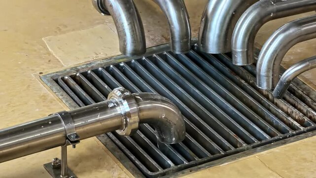Curved stainless steel pipes discharge water into industrial floor drain grate at food processing facility