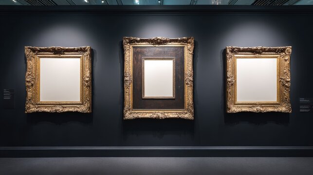 Antique gallery frame mockup on elegant royal black wall with empty white canvas copy space, classic museum exhibition and auction house artwork display template for vintage art presentation, interior