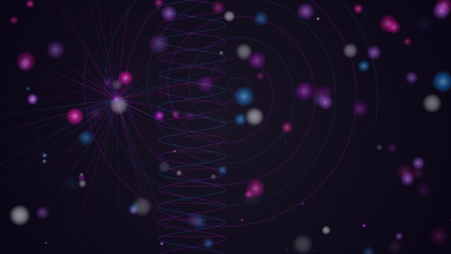 Abstract particle physics visualization with spiral orbiting orbs and nodes
