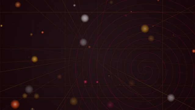 Abstract solar system map with spiral orbits and glowing planets