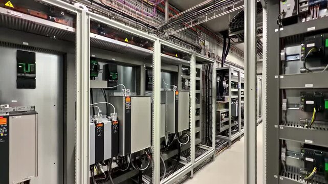 Camera moves through industrial control room with electrical panels and wiring overhead