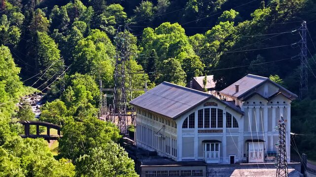 Hydroelectric power plant generating renewable energy in the Pyrenees mountains
