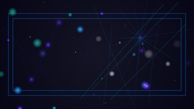 Dark space background, with glowing orbs, thin lines, and, rectangular frame