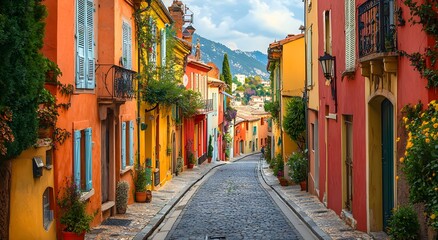 Naklejka premium Vibrant European lane showcasing pastel buildings and cobblestones wallpaper