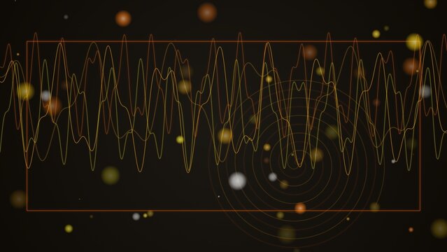 Gold audio waveform lines and circular ripples on dark background