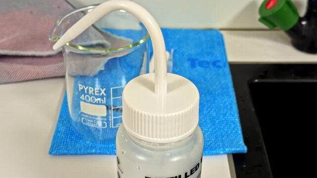 Distilled water wash bottle beside laboratory beaker on clean testing workstation