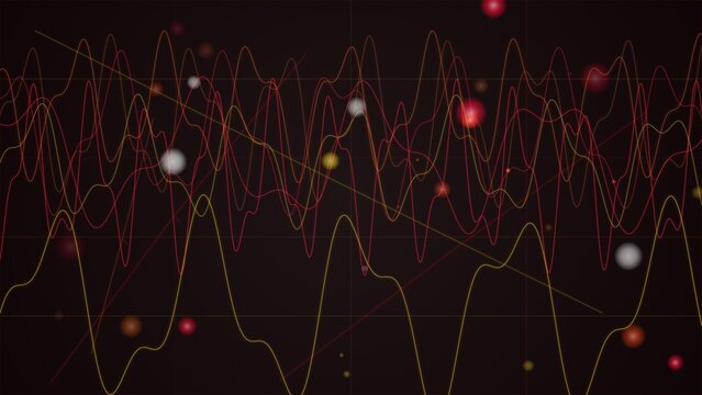 Intersecting sine waves and floating glowing orbs on dark grid background