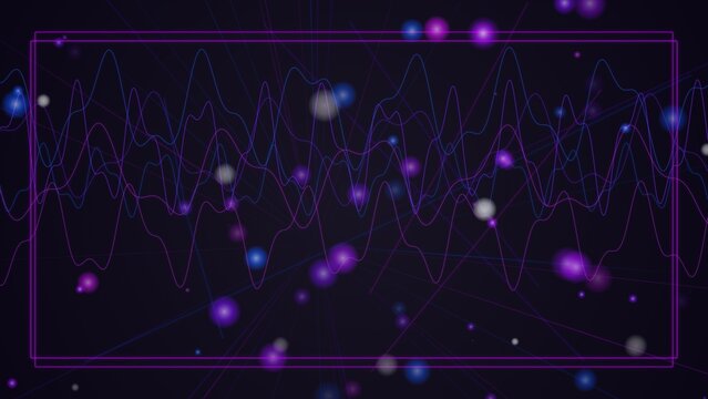 Purple sound wave oscilloscope lines with glowing bokeh particles