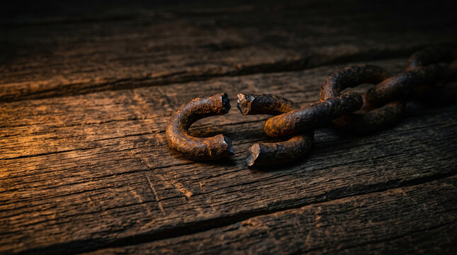 Broken rusty iron chain link resting upon dark weathered timber planks under dim warm lighting with separated dark textured textured wooden surface single fractured heavy