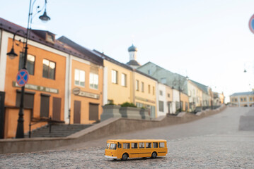 Arzamas city Greater Golden Ring of Russia route toy bus on sloping street outdoors © Ruslan Russland
