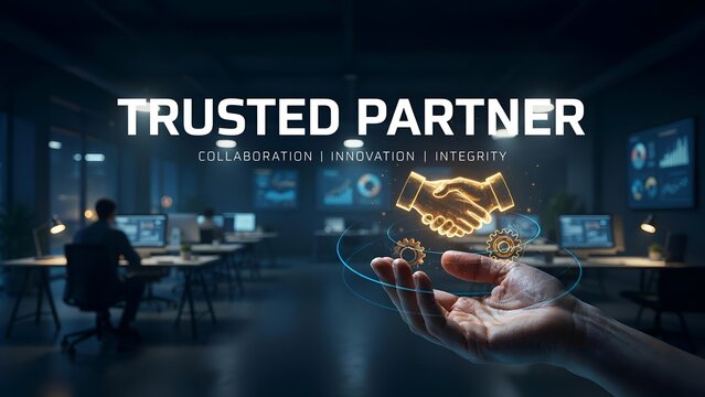 Trusted partner concept with handshake icon and office background
