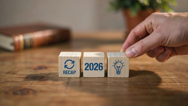 Wooden blocks with recap 2026 and lightbulb icon