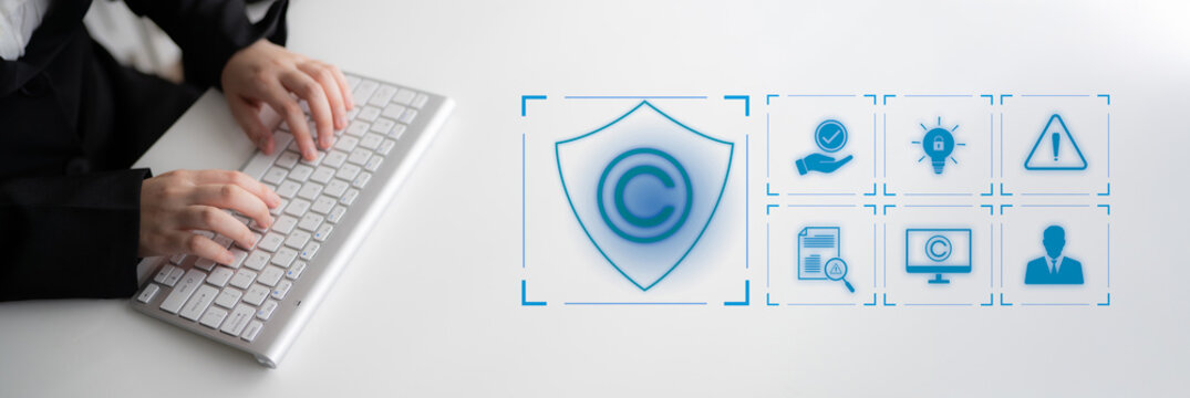 Digital copyright protection system showing secure ownership, intellectual property rights, content verification, and legal warning icons for creators and publishers Latch