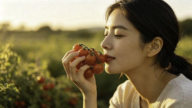 Woman enjoying scent of freshly picked organic cherry tomato