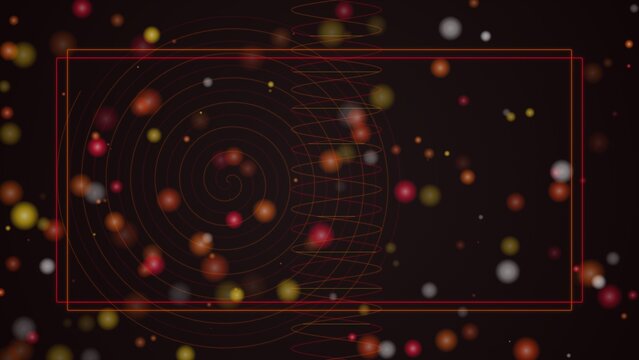 Red spiral lines and floating bokeh orbs on a dark background