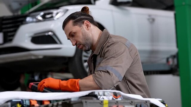 Mechanic car service garage repair glove workshop vehicle inspection maintenance technician checks engine part near lifted automobile
