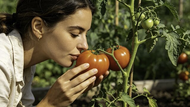 Woman appreciating aroma of organic Roma tomato from garden 