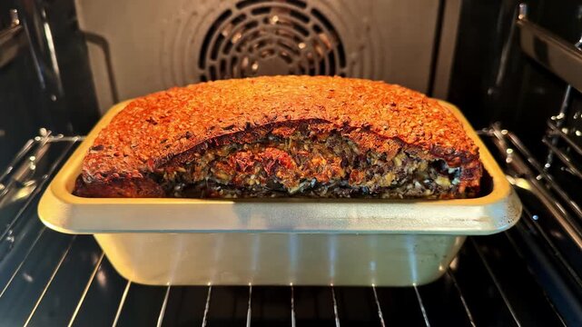 A close-up shot of a rustic,artisan loaf of whole grain bread covered in seeds, inside a warm convection oven.