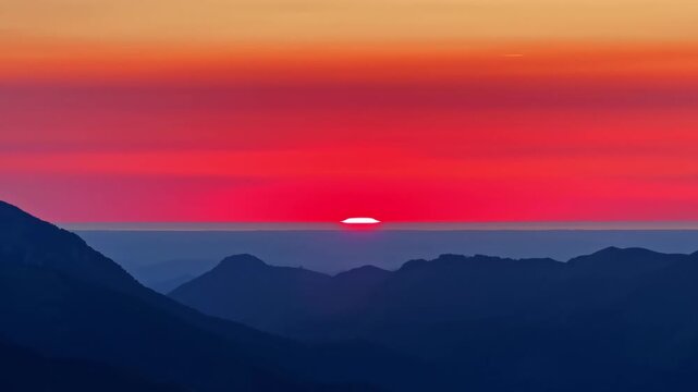 Vivid red sunset glows over layered mountain silhouettes and horizon at Col d'Aubisque in French Pyrenees