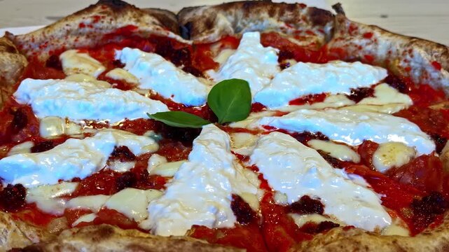 Close up shows charred crust Neapolitan pizza topped with tomato sauce burrata cheese strips and fresh basil leaf