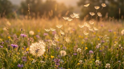 Obraz premium Dandelion Seeds with Water Drops