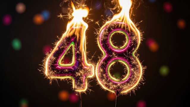 Lit birthday candles displaying "48" with sparking flames against blurred festive backdrop
