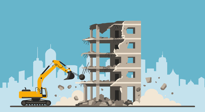 Demolition of old building with yellow excavator and wrecking ball destroying city structure