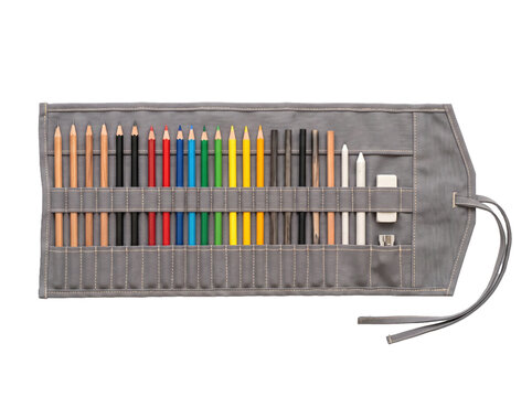 Open fabric pencil roll organizer with colored pencils
