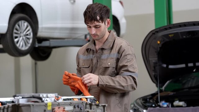 Mechanic Service Repair Garage Car Vehicle Tool Glove Technician Preparing Orange Glove Near Open Hood Workshop Maintenance