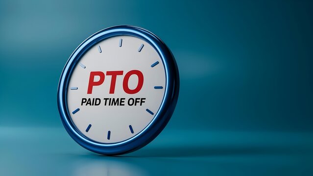3d render of a clock face with the text pto paid time off on a blue background