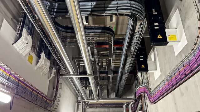 Overhead cable trays and utility piping installed in industrial facility ceiling