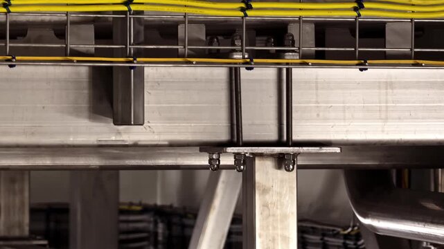 Industrial cable trays and metal piping inside modern factory facility, slow ascend to reveal dense fiber cables colored black blue and yellow