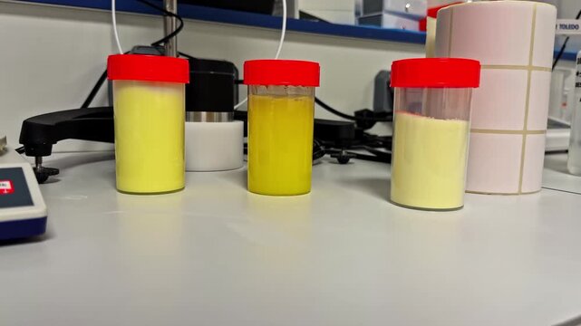 Laboratory sample containers filled with yellow powder on analytical workbench
