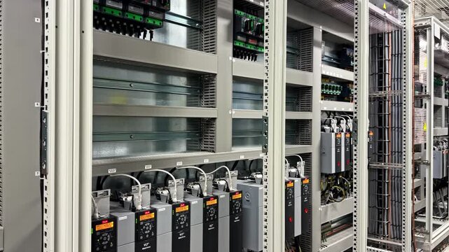 Industrial electrical control cabinets with automation drives inside modern production facility