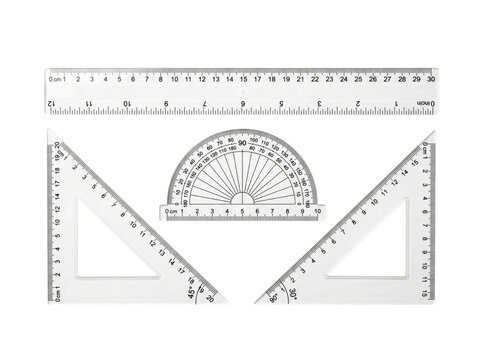 Set of transparent plastic geometry rulers and protractor