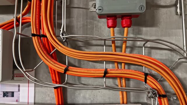 Orange electrical cables routed through conduit on concrete wall in factory