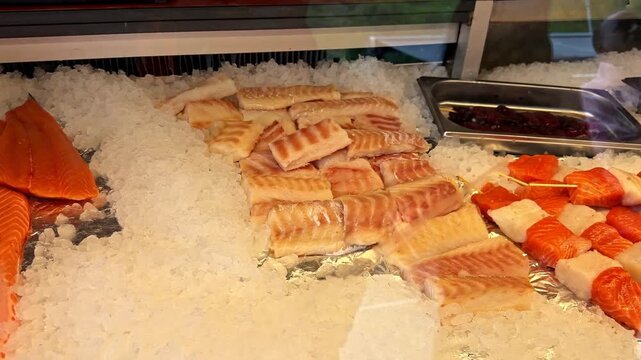 Premium seafood selection on crushed ice at a Norwegian fish market