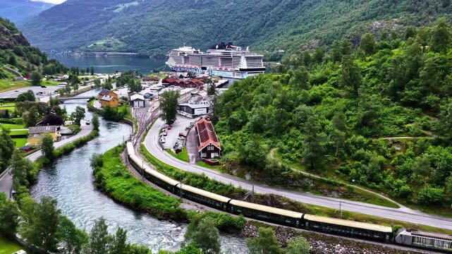 Scenic aerial landscape of Fl&aring;m nestled between mountains and Aurlandsfjord