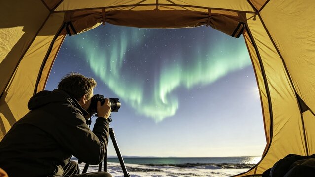 Photographer inside tent viewing aurora borealis through ope