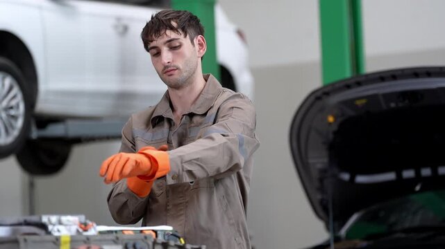 Mechanic glove service garage car repair workshop worker vehicle maintenance technician holding tool near raised automobile during auto repair